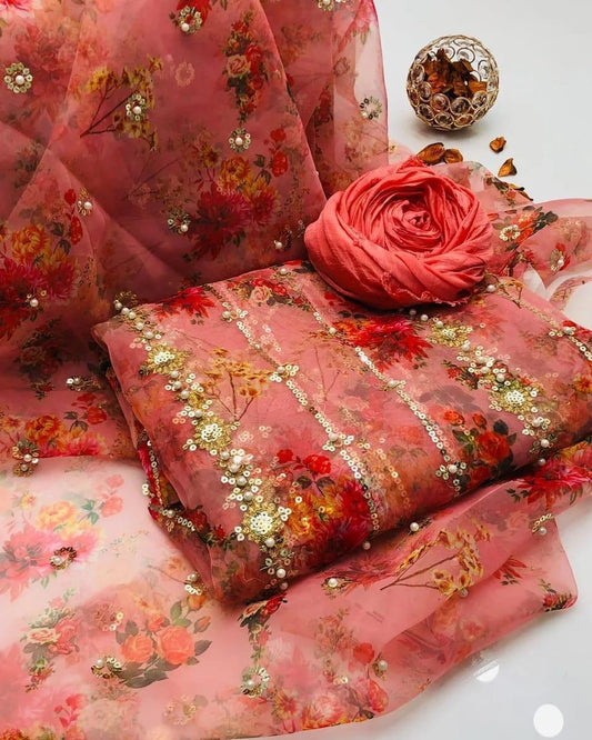 Premium Organza Digital Embroidered 3-Piece Suit with Pearl Detailing | Luxury Formal Wear