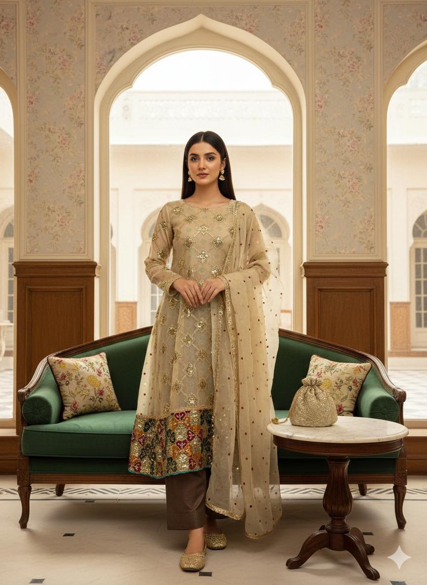 5PC Cotton Net Aari & Sequence Embroidered Dress with Masoori Dupatta, Khusa & Bag #11