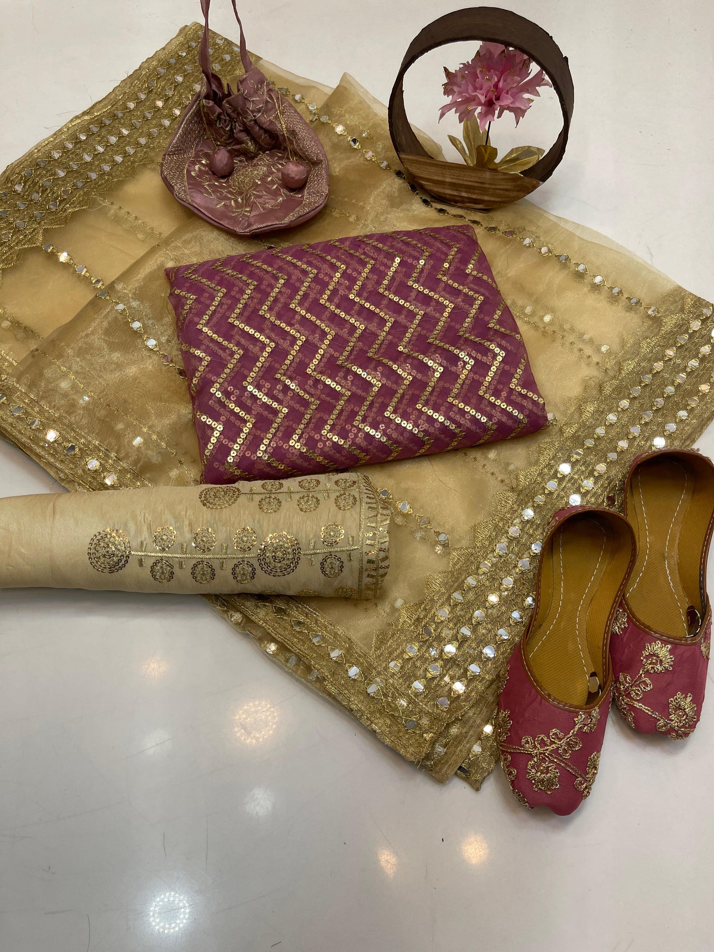 Luxury Fancy Embroidered Organza 5-Piece Suit with Matching Khussa & Handbag #4