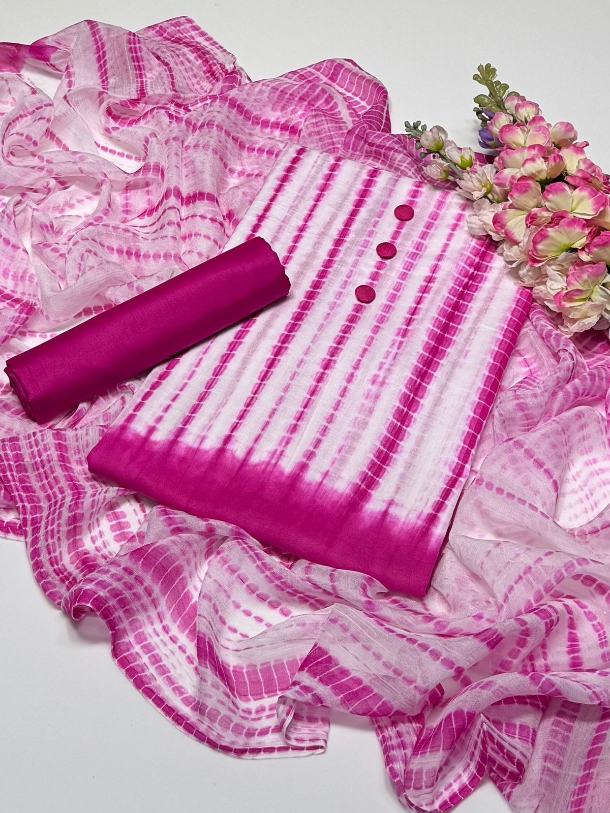 New Summer Collection β 3 Piece Tie & Dye Cotton Unstitched Suit with Chiffon Dupatta