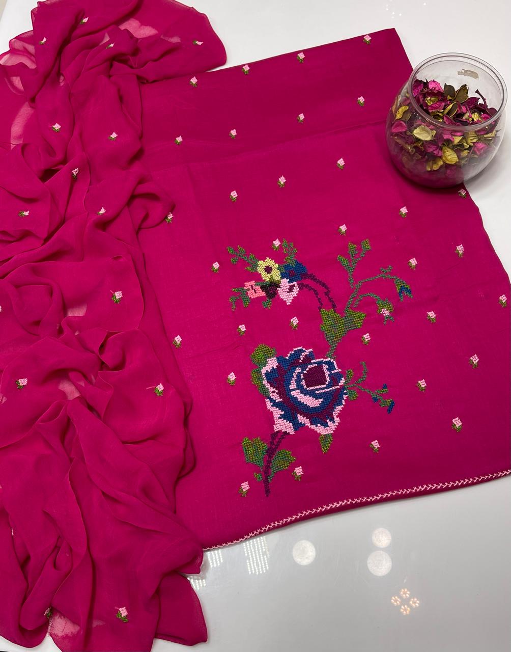 Lawn Collection 3 Piece Dress for Women – Cross Stitched Flower Boti Work Shirt with Chiffon Dupatta | Summer Collection