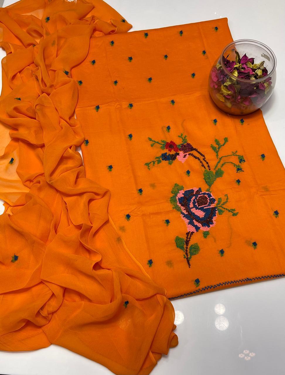 Women's Lawn 3 Piece Suit with Cross-Stitch Floral Embroidery & Chiffon Dupatta | Premium Summer Collection