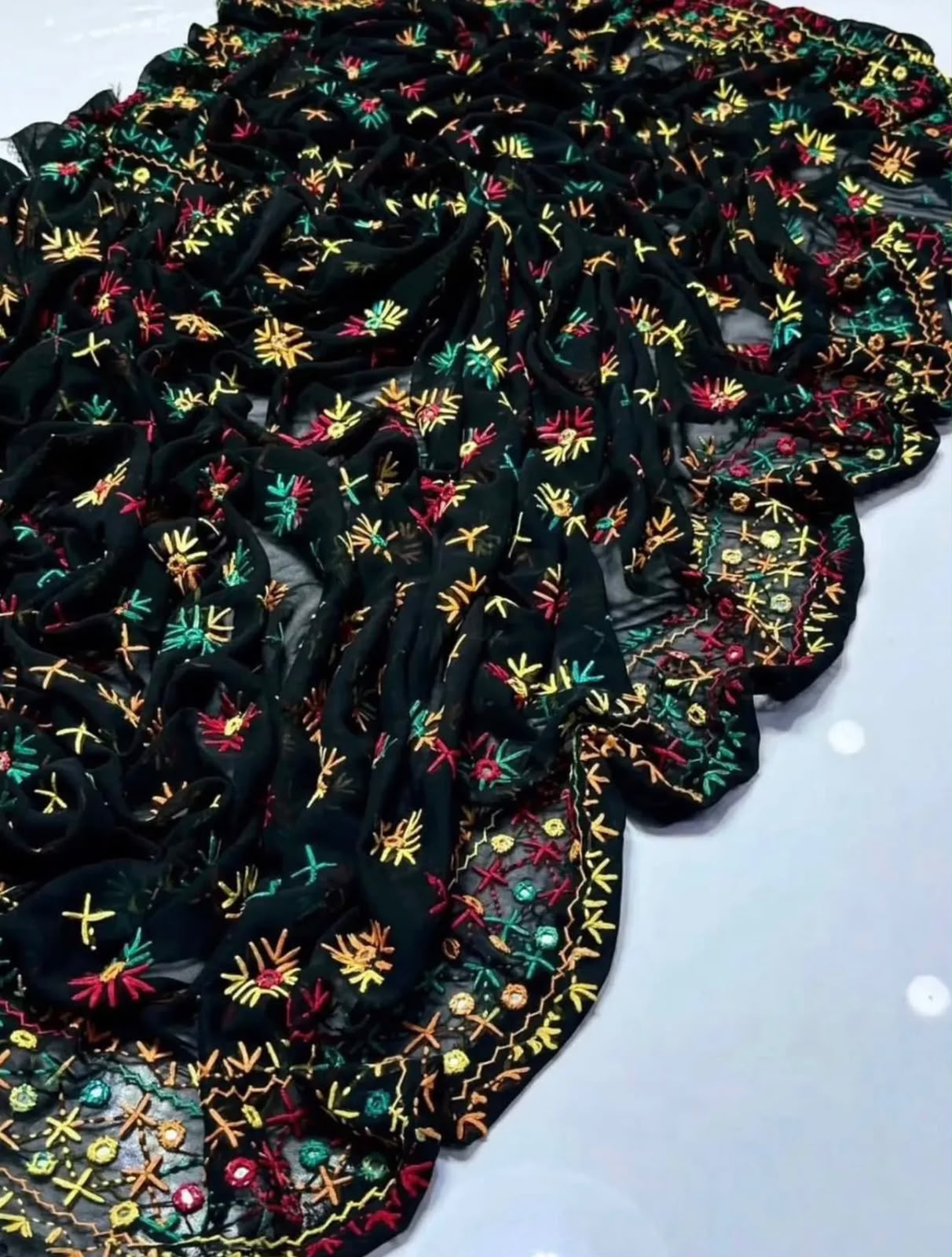 Korean Georgette Sindhi Embroidered Chadar with Mirror Work | Elegant Full Size Shawl