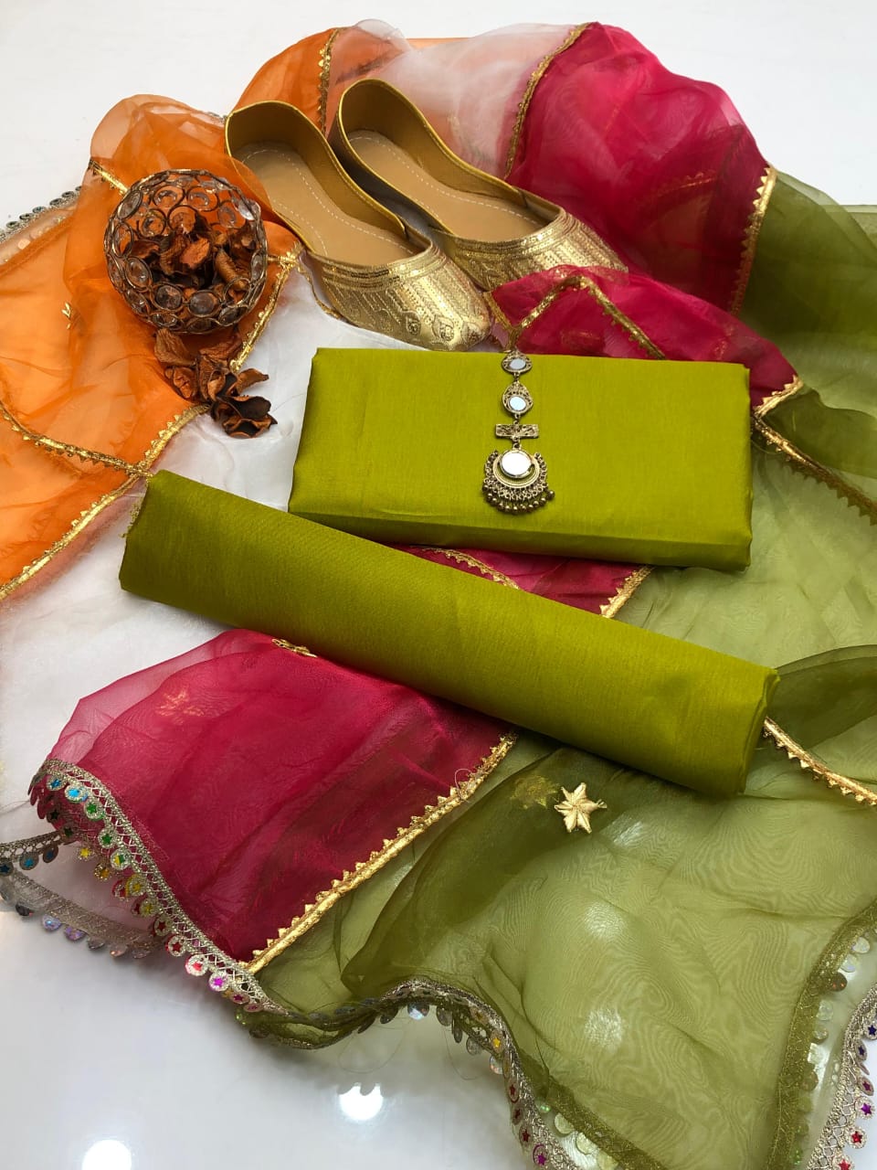 ✨ Soft Kataan Silk 4-Piece Suit with Tissue Multi Gota Kinari Dupatta & Matching Khusa Gift