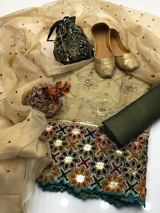 5PC Cotton Net Aari & Sequence Embroidered Dress with Masoori Dupatta, Khusa & Bag #11