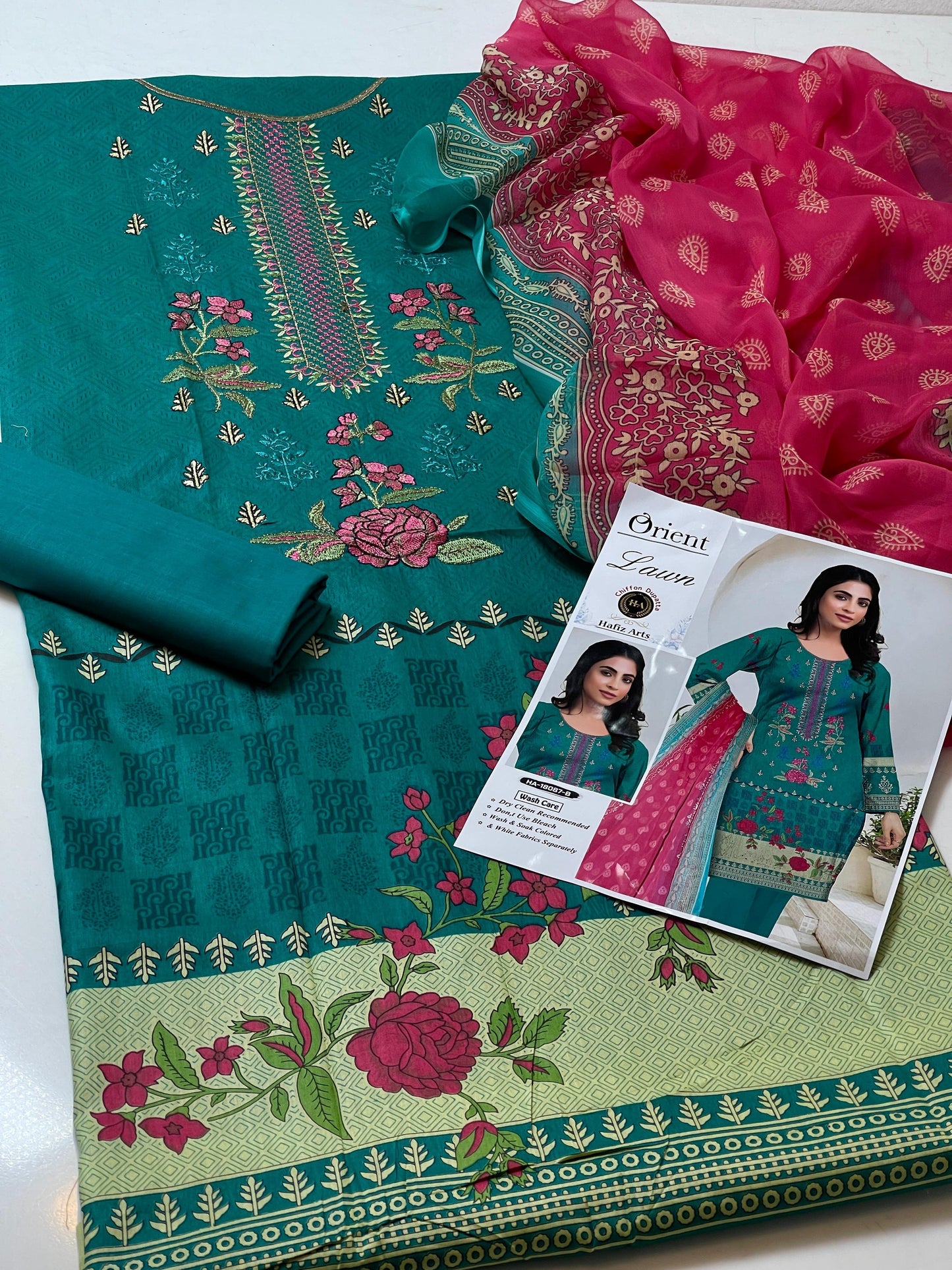 Premium Lawn Digital Print & Embroidered 3-Piece Suit with Chiffon Dupatta