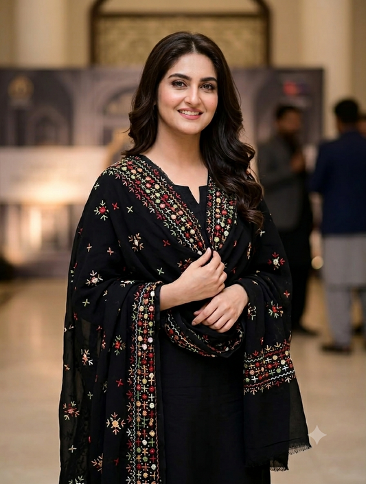 Korean Georgette Sindhi Embroidered Chadar with Mirror Work | Elegant Full Size Shawl
