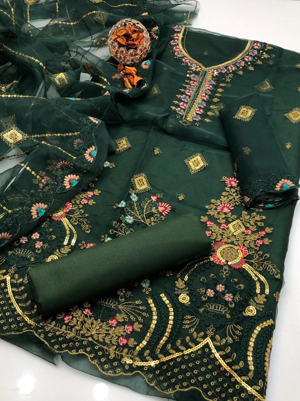 Fancy Organza Embroidered 3-Piece Suit | Luxury Shirt, Dupatta & Kataan Silk Trouser – Restocked