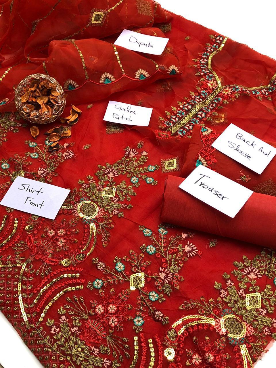 Fancy Organza Embroidered 3-Piece Suit | Luxury Shirt, Dupatta & Kataan Silk Trouser – Restocked