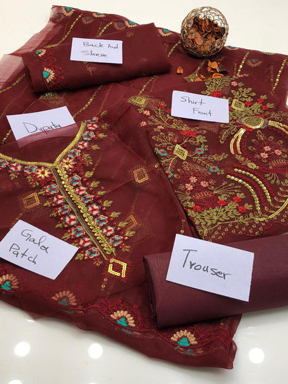 Fancy Organza Embroidered 3-Piece Suit | Luxury Shirt, Dupatta & Kataan Silk Trouser – Restocked