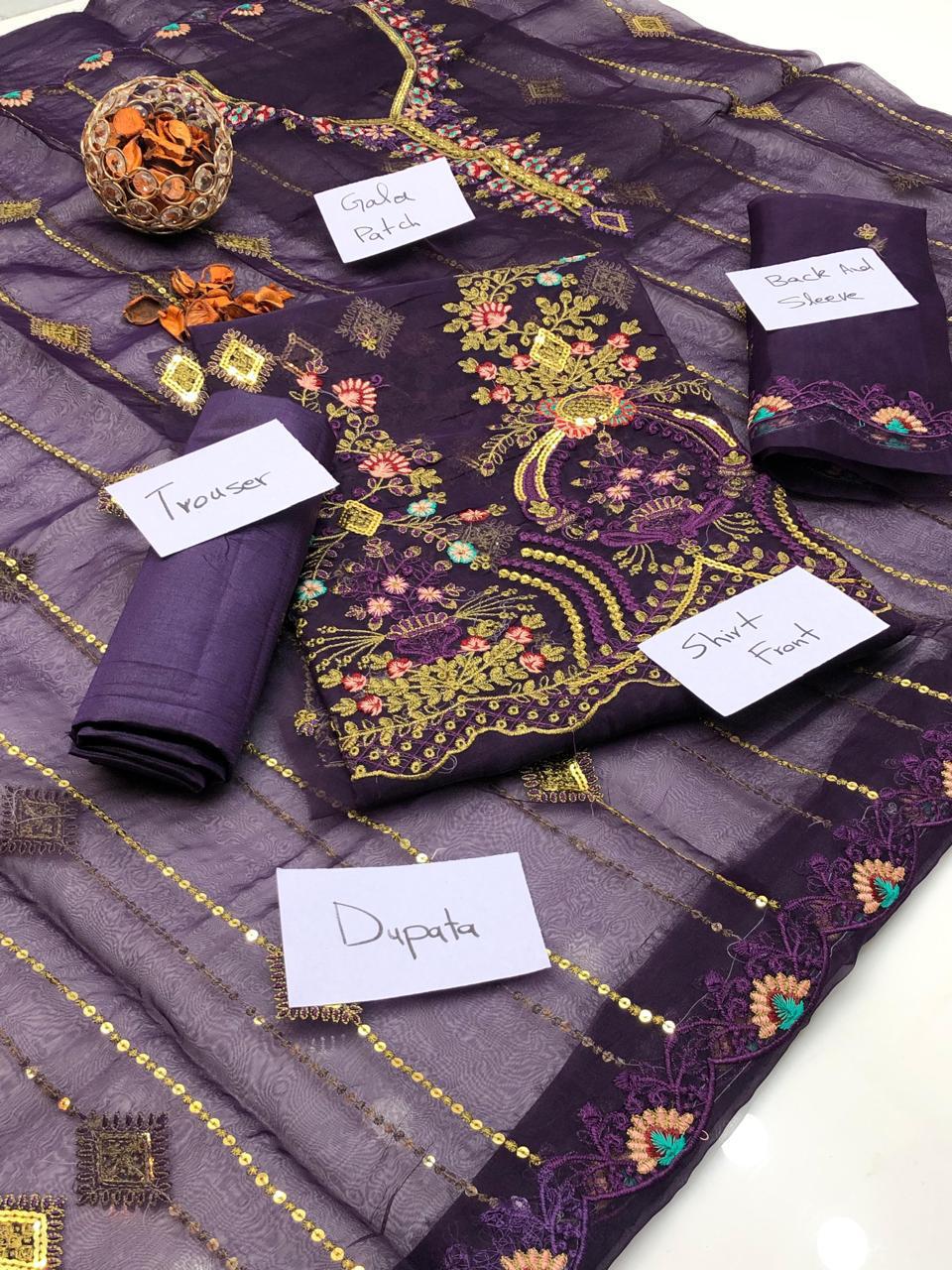 Fancy Organza Embroidered 3-Piece Suit | Luxury Shirt, Dupatta & Kataan Silk Trouser – Restocked