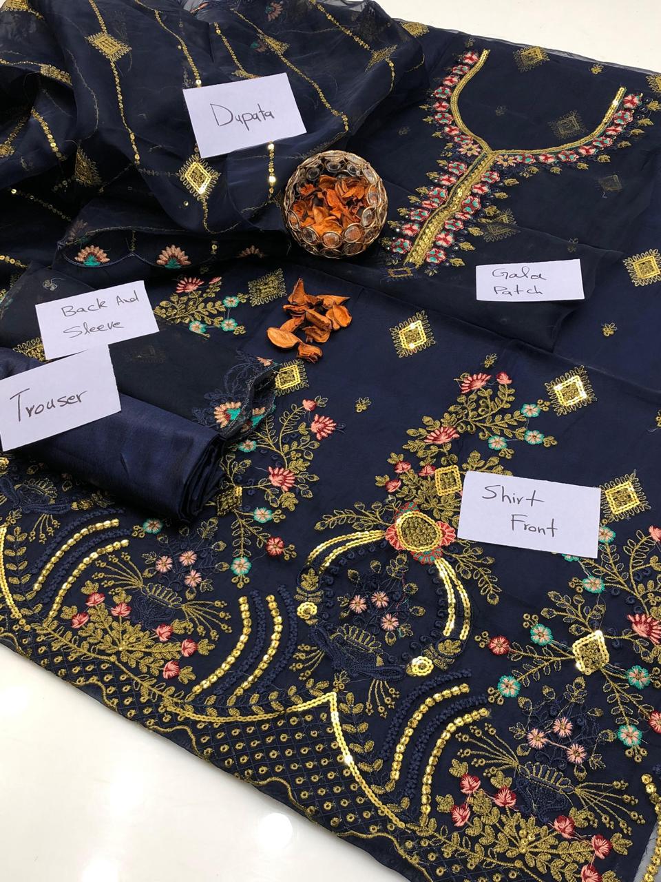 Fancy Organza Embroidered 3-Piece Suit | Luxury Shirt, Dupatta & Kataan Silk Trouser – Restocked