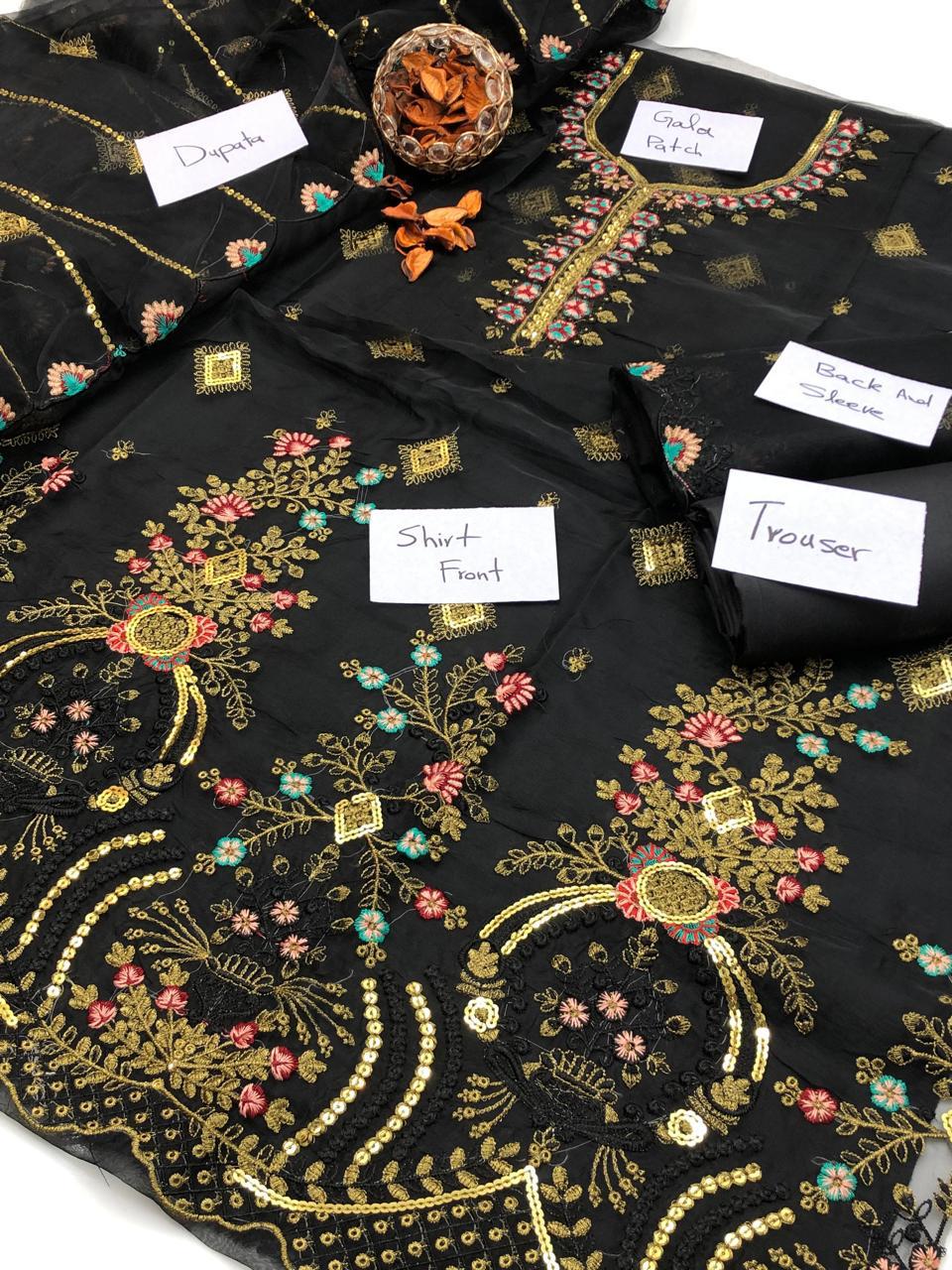 Fancy Organza Embroidered 3-Piece Suit | Luxury Shirt, Dupatta & Kataan Silk Trouser – Restocked