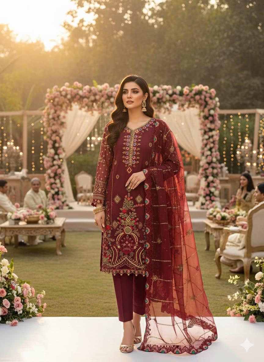 Fancy Organza Embroidered 3-Piece Suit | Luxury Shirt, Dupatta & Kataan Silk Trouser – Restocked