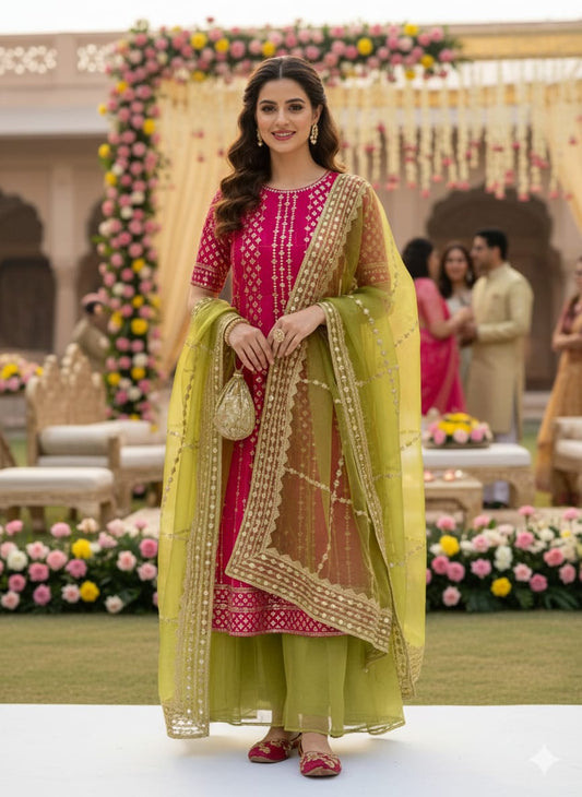 4Pc Fancy Organza Embroidered Wedding Suit with Kataan Trouser, Dupatta & Khusa