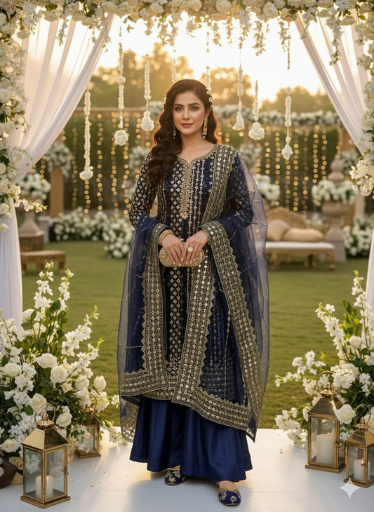4Pc Fancy Organza Embroidered Wedding Suit with Kataan Trouser, Dupatta & Khusa