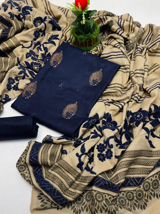 Marina Embroidery 3 Piece Dress – Shirt, Plain Trouser & Pashmina Wool Shawl | Winter Collection