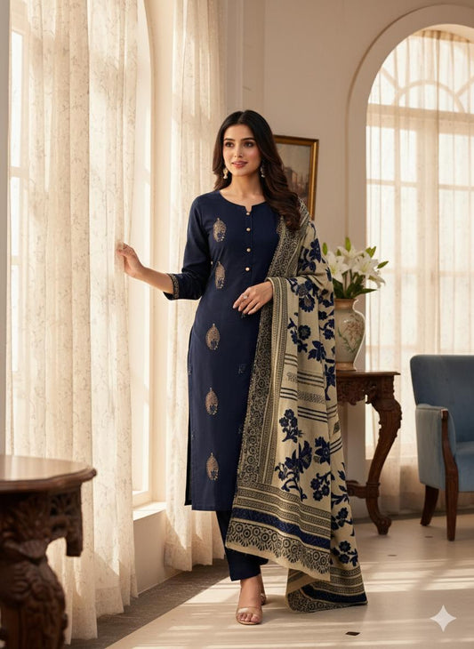 Marina Embroidery 3 Piece Dress – Shirt, Plain Trouser & Pashmina Wool Shawl | Winter Collection