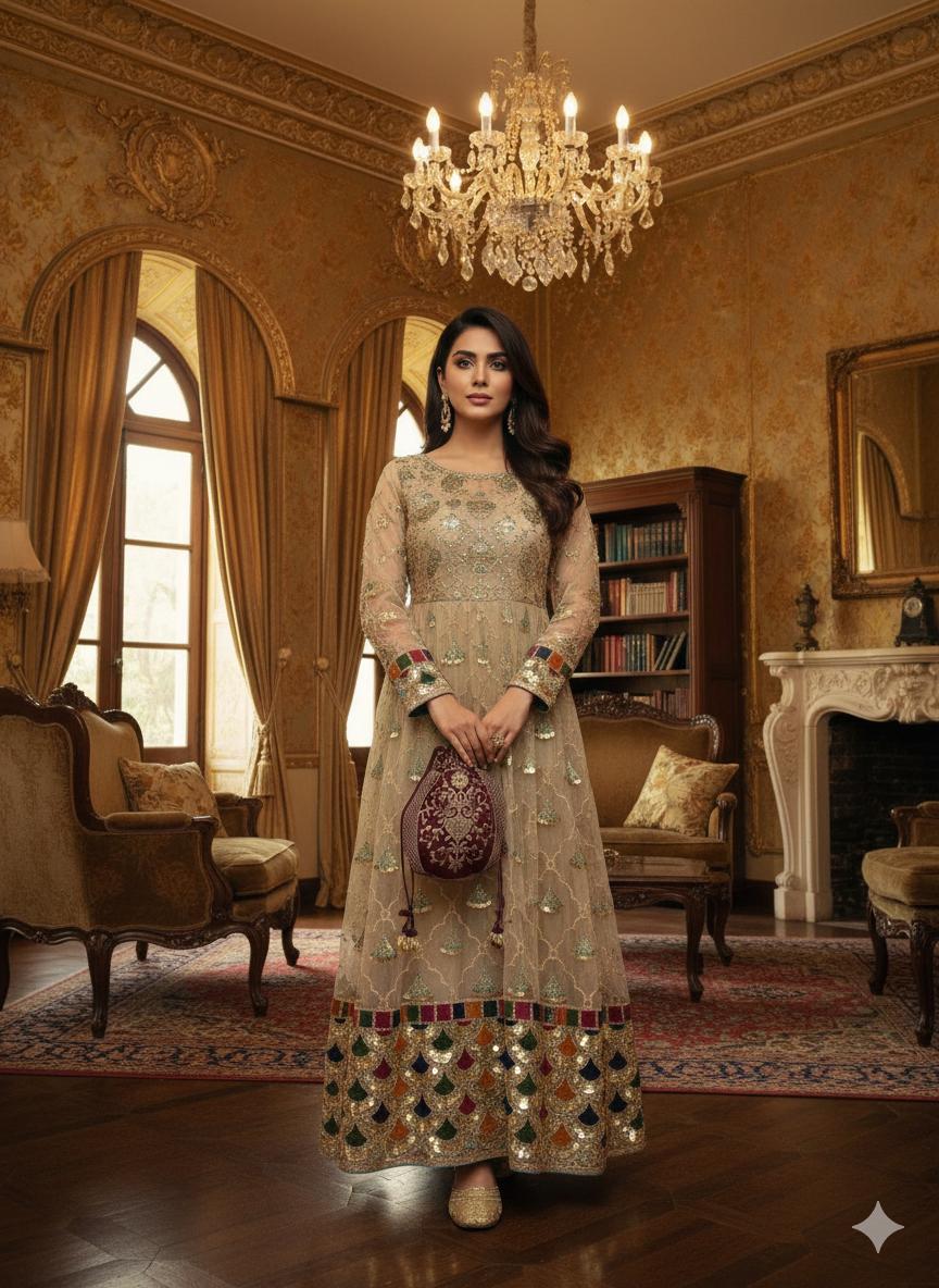 5PC Cotton Net Aari & Sequence Embroidered Dress with Masoori Dupatta, Khusa & Bag #11