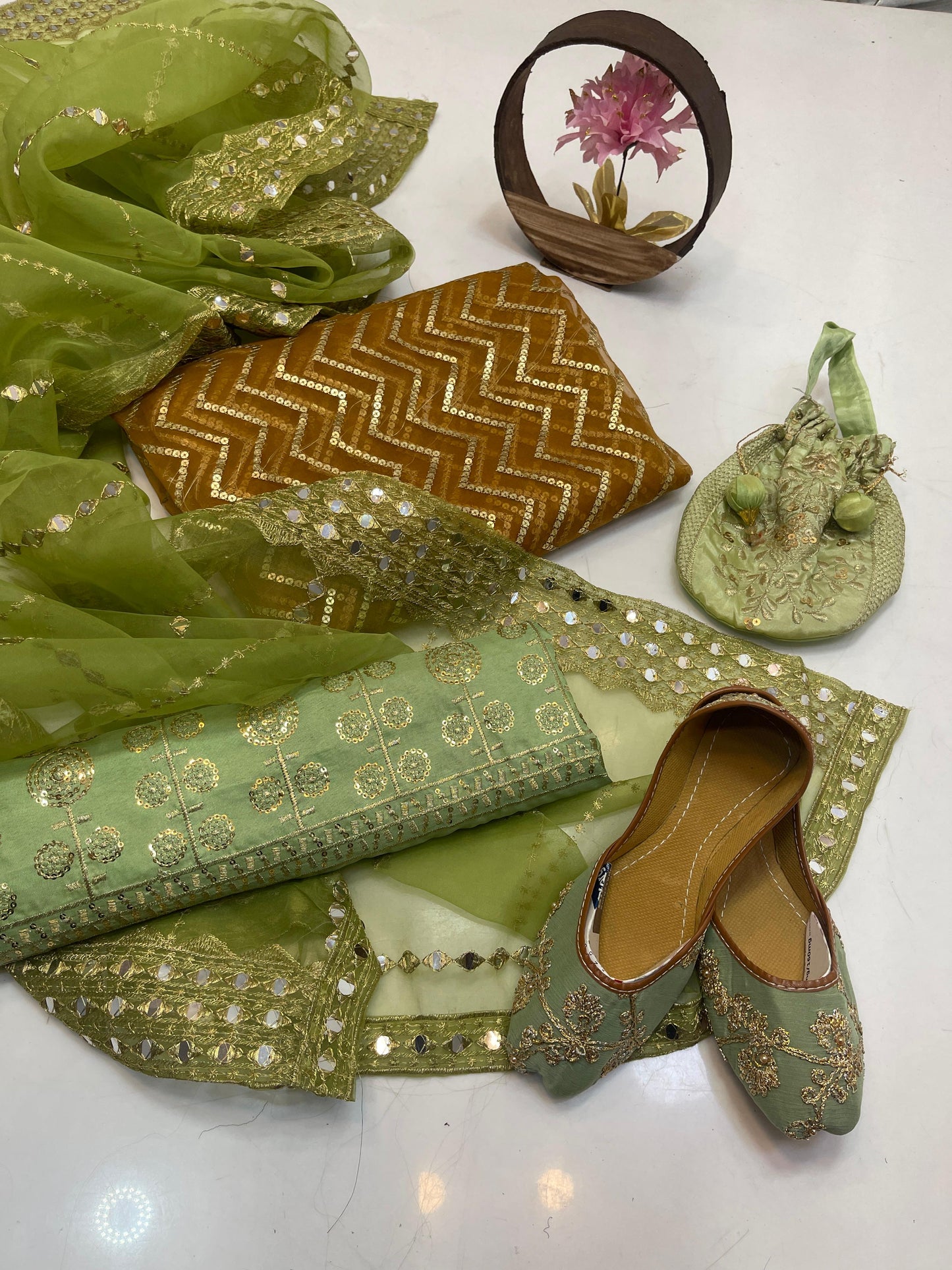Luxury Fancy Embroidered Organza 5-Piece Suit with Matching Khussa & Handbag #4
