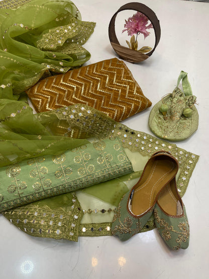 Luxury Fancy Embroidered Organza 5-Piece Suit with Matching Khussa & Handbag #4