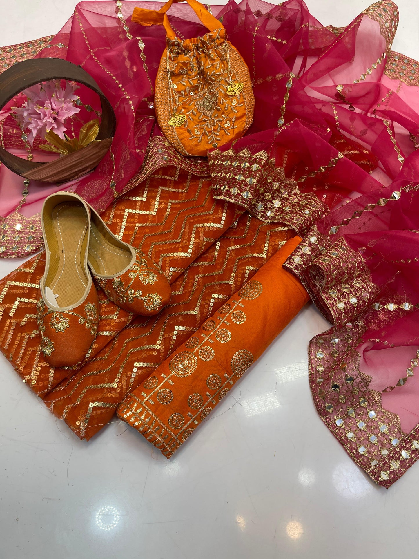 Luxury Fancy Embroidered Organza 5-Piece Suit with Matching Khussa & Handbag #4