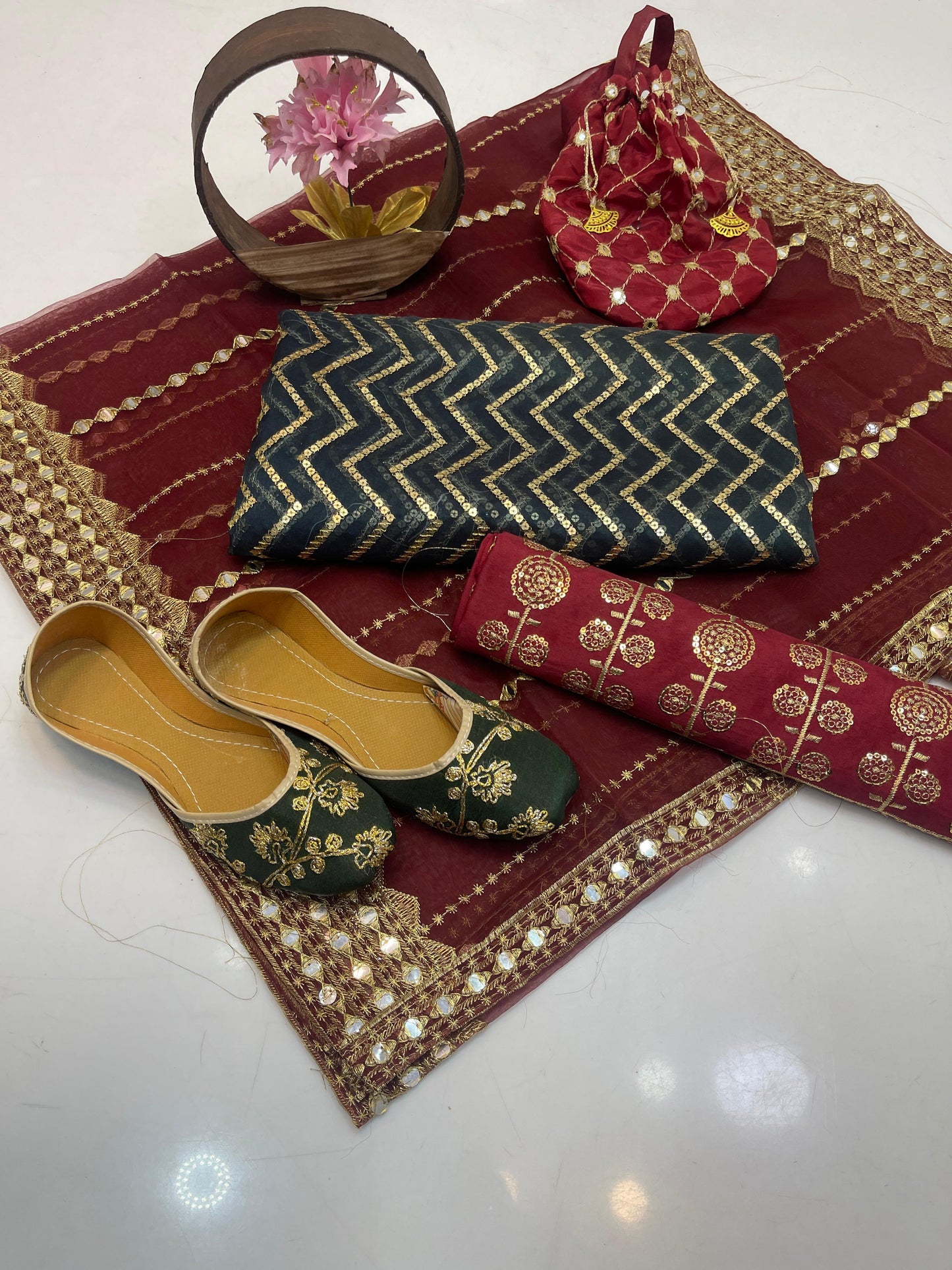 Luxury Fancy Embroidered Organza 5-Piece Suit with Matching Khussa & Handbag #4