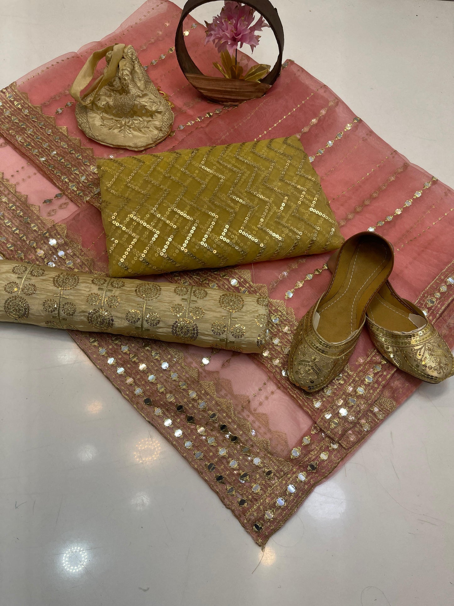 Luxury Fancy Embroidered Organza 5-Piece Suit with Matching Khussa & Handbag #4