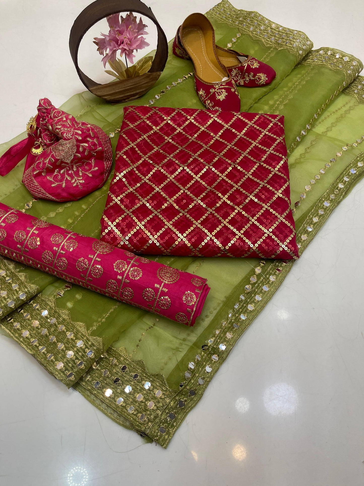 Luxury Fancy Embroidered Organza 5-Piece Suit with Matching Khussa & Handbag #4