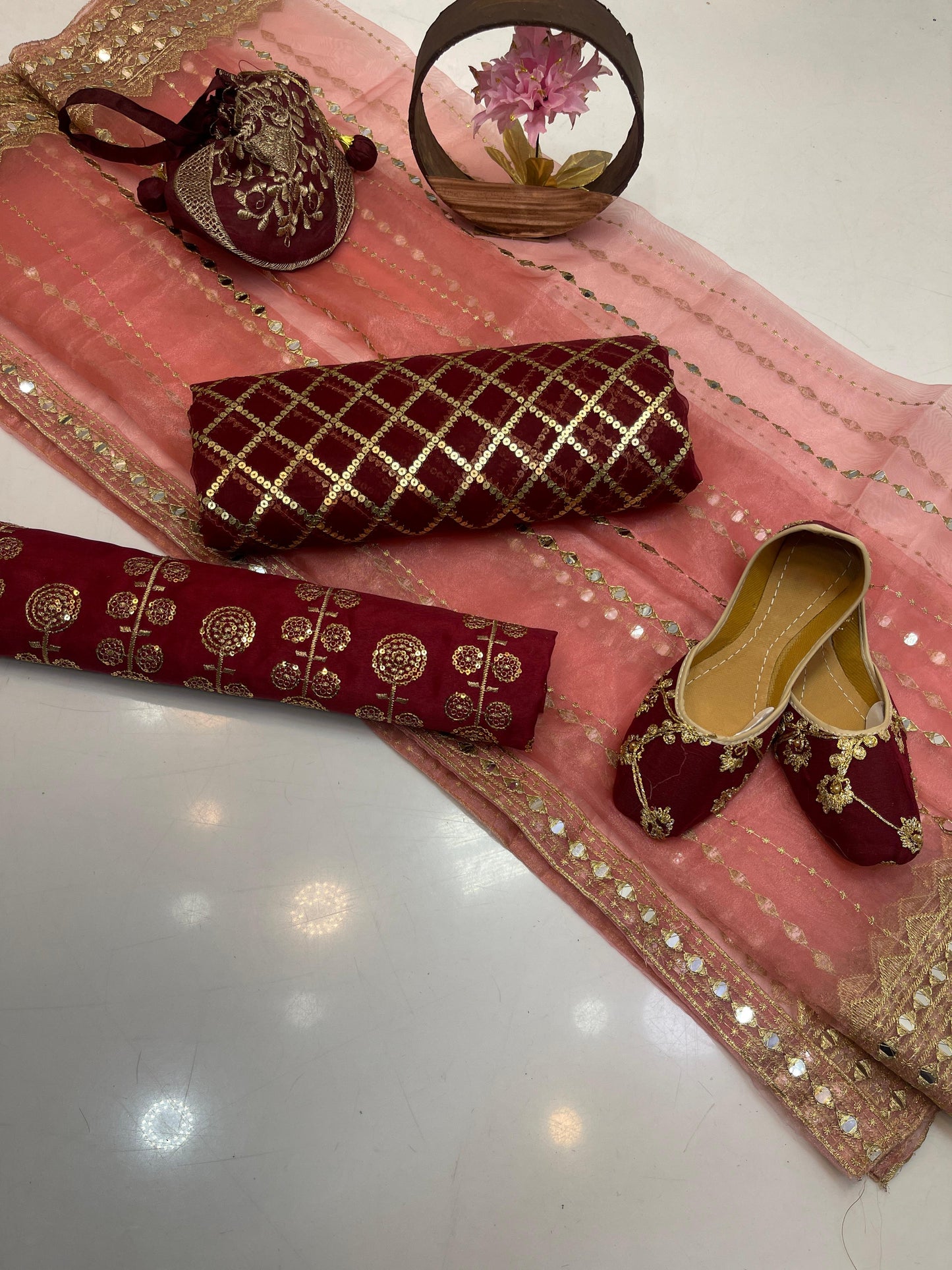 Luxury Fancy Embroidered Organza 5-Piece Suit with Matching Khussa & Handbag #4
