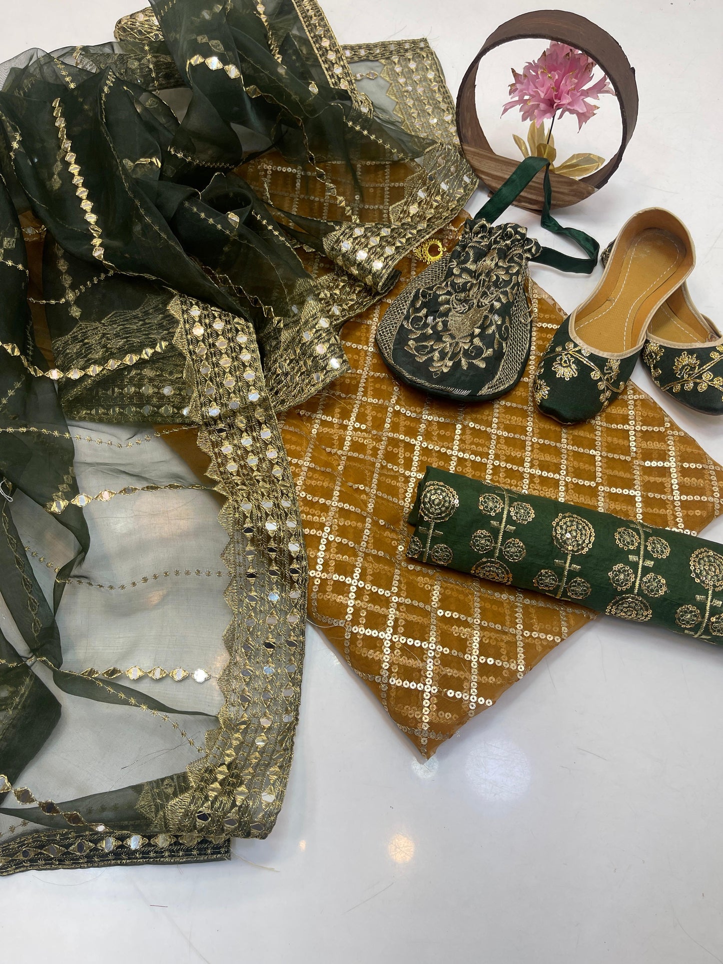 Luxury Fancy Embroidered Organza 5-Piece Suit with Matching Khussa & Handbag #4