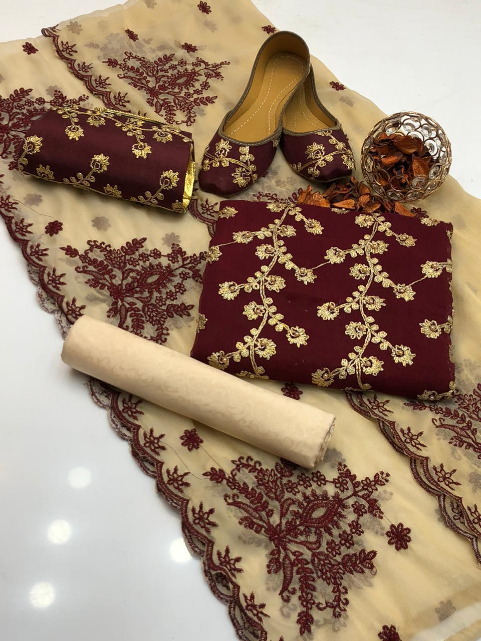Luxury Crinkle Chiffon Fancy 5-Piece Suit with Matching Khussa & Clutch