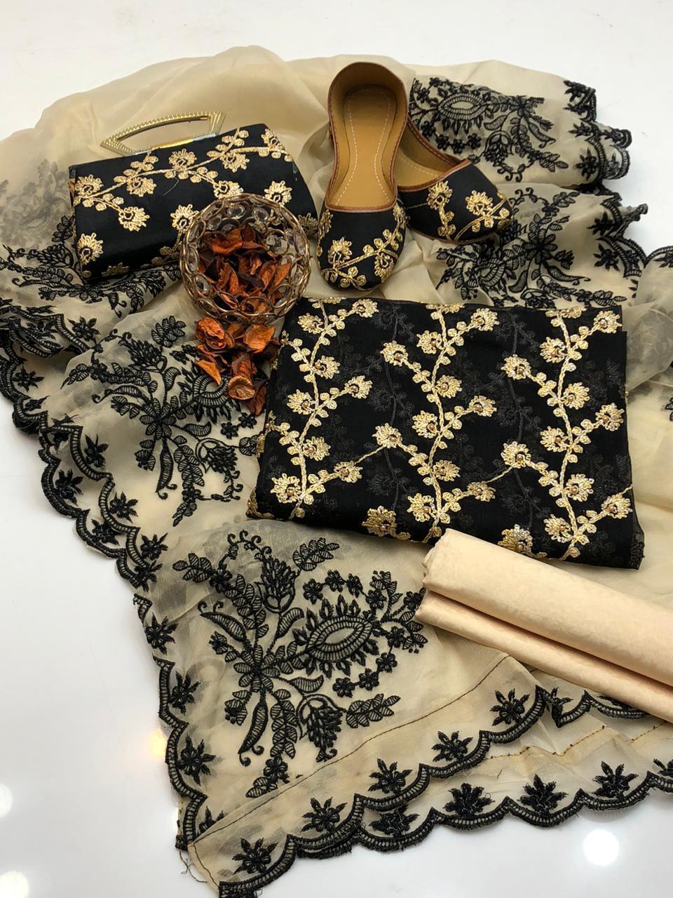Luxury Crinkle Chiffon Fancy 5-Piece Suit with Matching Khussa & Clutch