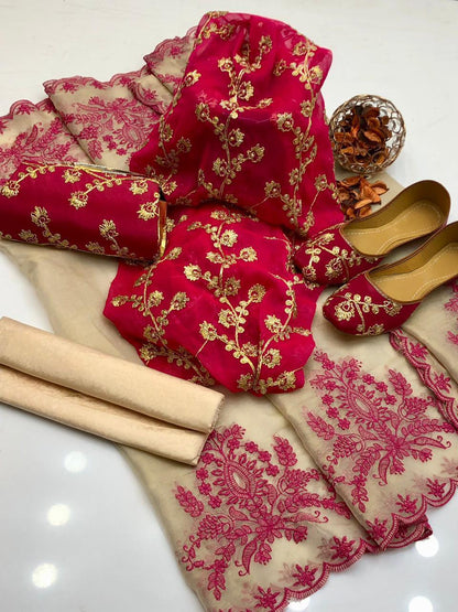 Luxury Crinkle Chiffon Fancy 5-Piece Suit with Matching Khussa & Clutch