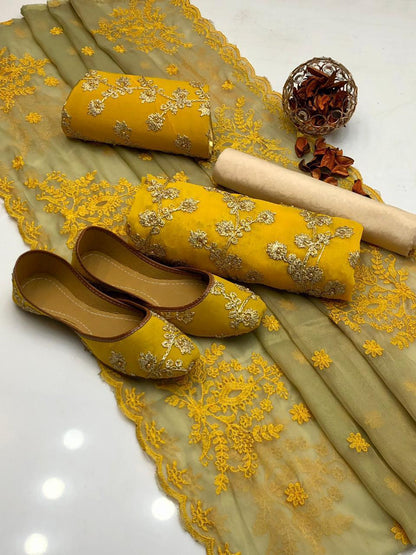 Luxury Crinkle Chiffon Fancy 5-Piece Suit with Matching Khussa & Clutch
