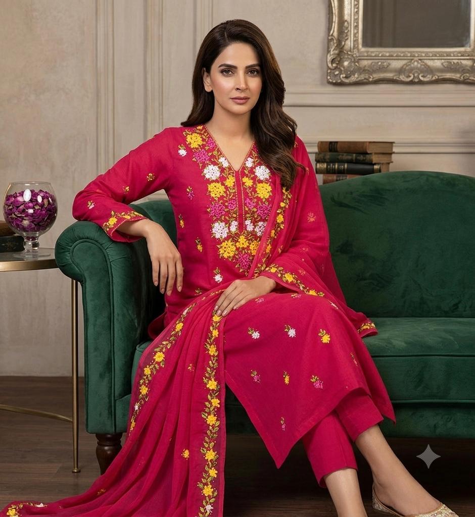 ✨ Fancy Collection 5-Piece Crinkle Chiffon Embroidered Suit with Matching Khussa & Clutch (Copy)