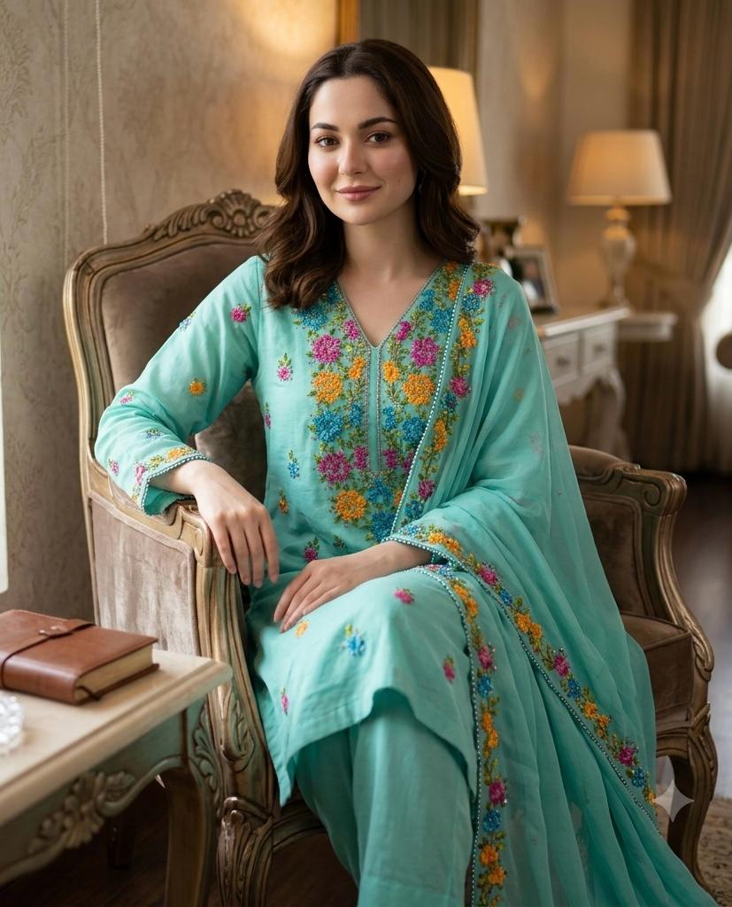 ✨ Fancy Collection 5-Piece Crinkle Chiffon Embroidered Suit with Matching Khussa & Clutch (Copy)