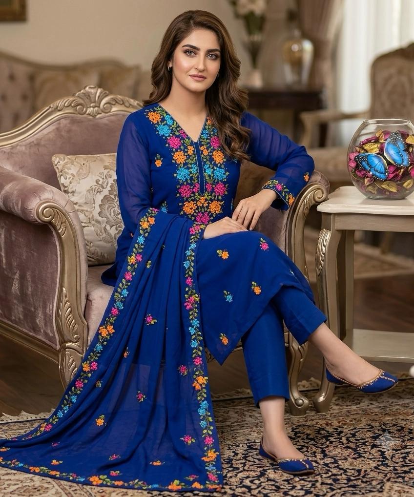 ✨ Fancy Collection 5-Piece Crinkle Chiffon Embroidered Suit with Matching Khussa & Clutch (Copy)