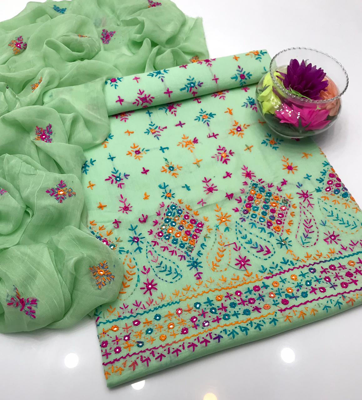✨ Cotton Lawn Collection – Handmade Chawal Shesha Work 3-Piece Suit with Matching Dupatta