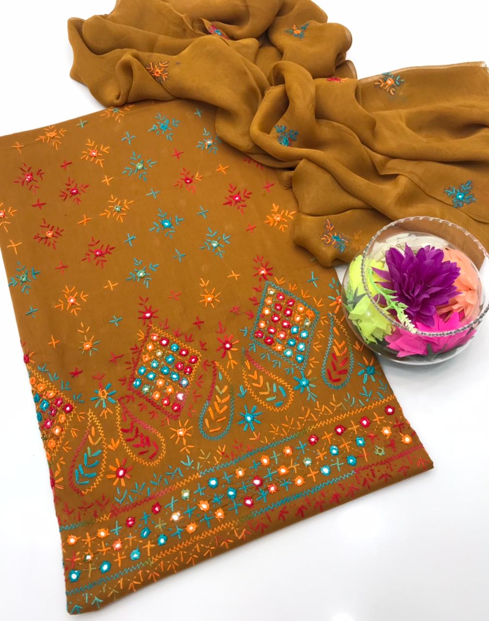 ✨ Cotton Lawn Collection – Handmade Chawal Shesha Work 3-Piece Suit with Matching Dupatta