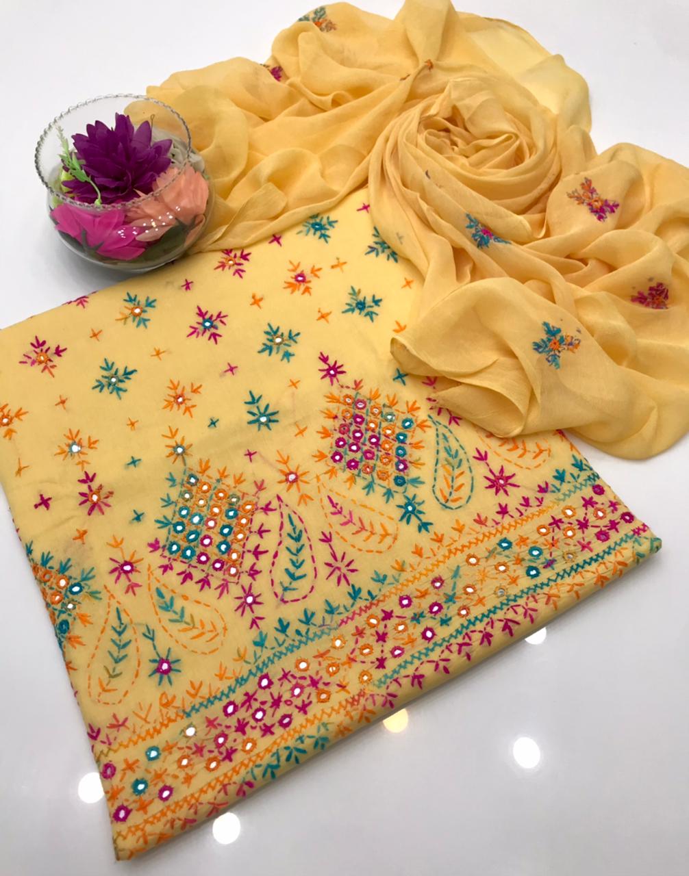 ✨ Cotton Lawn Collection – Handmade Chawal Shesha Work 3-Piece Suit with Matching Dupatta