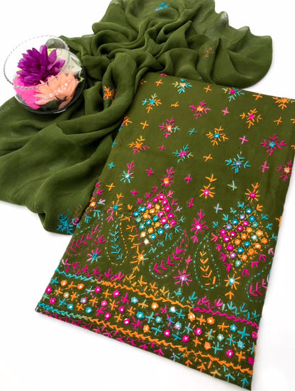✨ Cotton Lawn Collection – Handmade Chawal Shesha Work 3-Piece Suit with Matching Dupatta