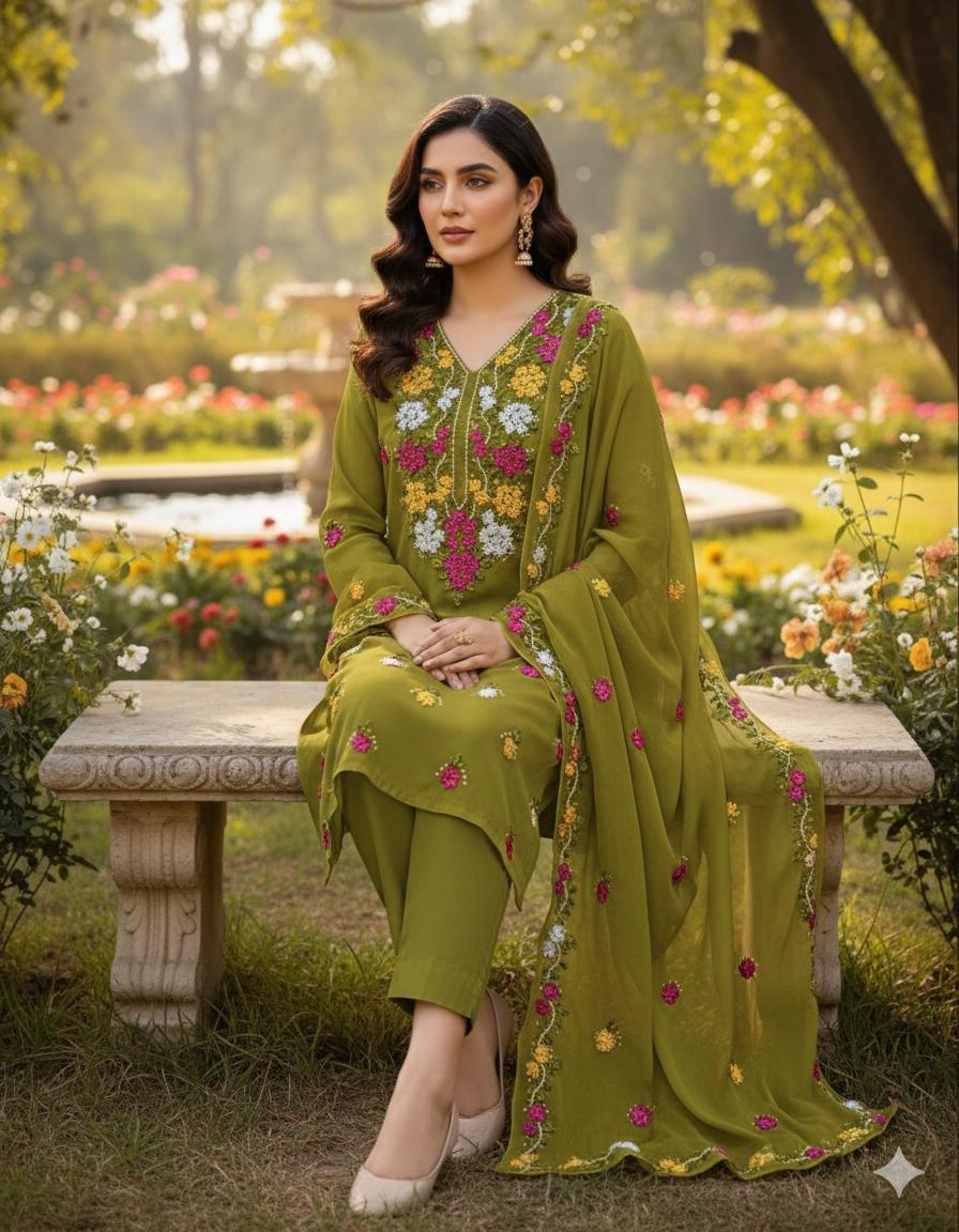 Soft Crinkle Chiffon 2 Piece Suit – Handmade Ribbon Work Shirt with 4-Side Border Dupatta | Women's Party Wear