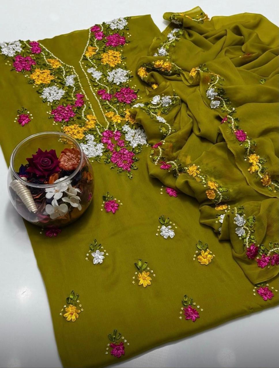Soft Crinkle Chiffon 2 Piece Suit – Handmade Ribbon Work Shirt with 4-Side Border Dupatta | Women's Party Wear