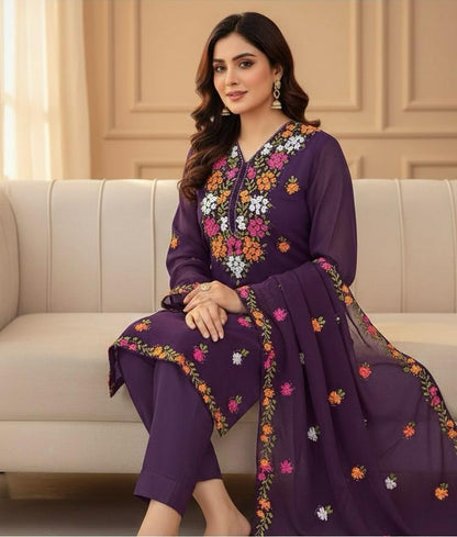 Soft Crinkle Chiffon 2 Piece Suit – Handmade Ribbon Work Shirt with 4-Side Border Dupatta | Women's Party Wear