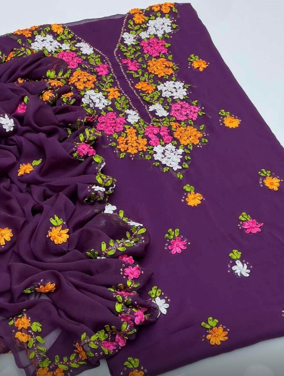 Soft Crinkle Chiffon 2 Piece Suit – Handmade Ribbon Work Shirt with 4-Side Border Dupatta | Women's Party Wear