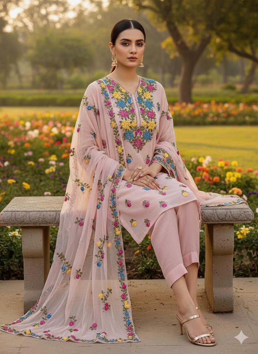 Soft Crinkle Chiffon 2 Piece Suit – Handmade Ribbon Work Shirt with 4-Side Border Dupatta | Women's Party Wear