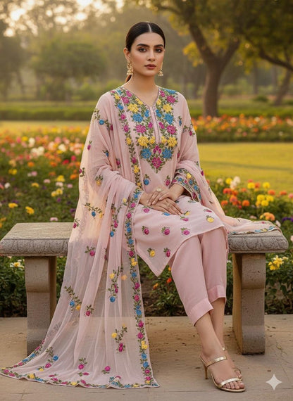 Soft Crinkle Chiffon 2 Piece Suit – Handmade Ribbon Work Shirt with 4-Side Border Dupatta | Women's Party Wear