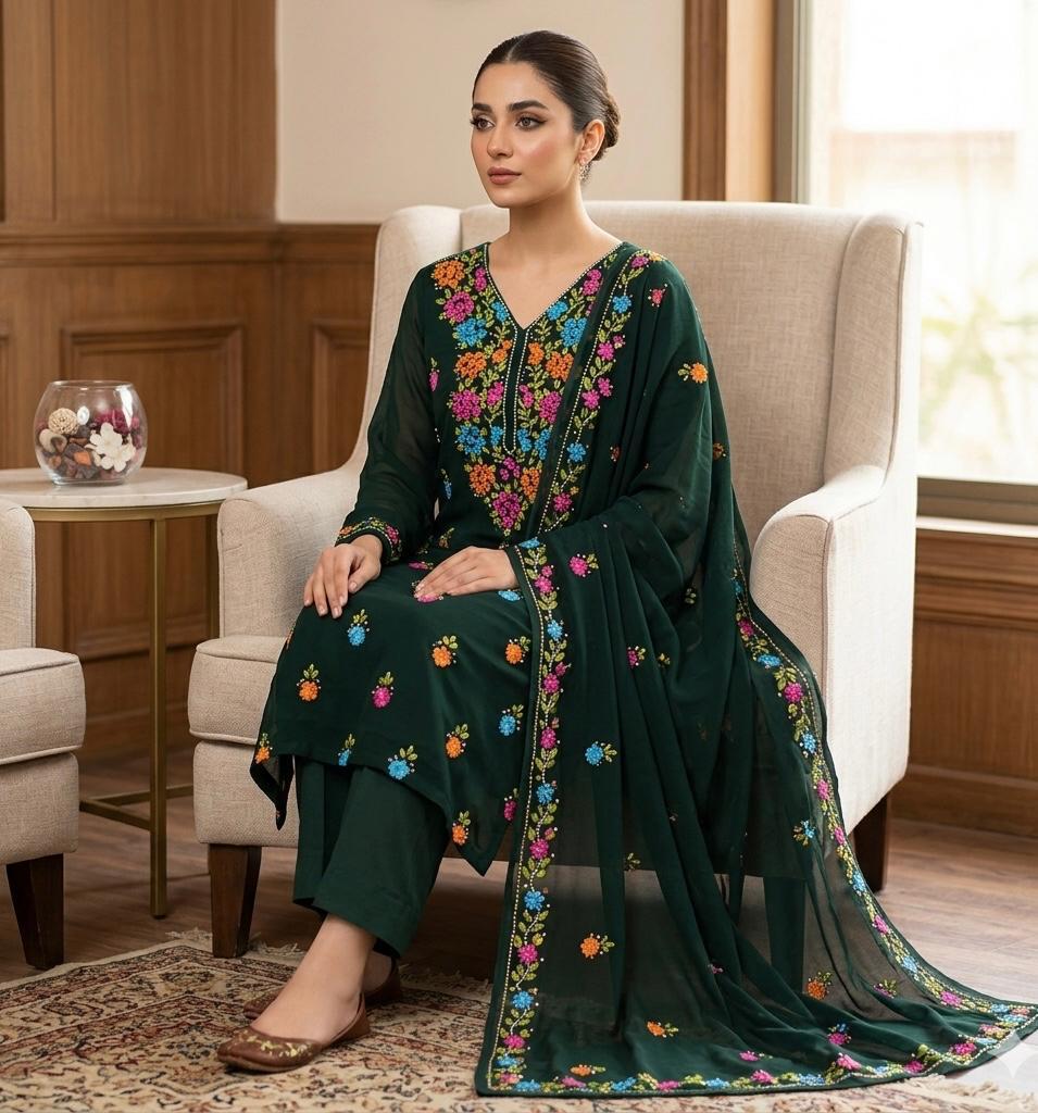 Soft Crinkle Chiffon 2 Piece Suit – Handmade Ribbon Work Shirt with 4-Side Border Dupatta | Women's Party Wear