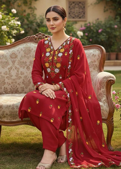 Soft Crinkle Chiffon 2 Piece Suit – Handmade Ribbon Work Shirt with 4-Side Border Dupatta | Women's Party Wear